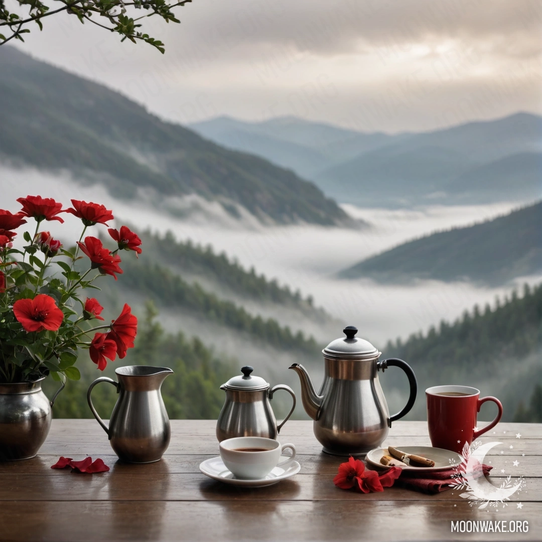 Деревянный стол с красными цветами, кофейником и чашками на фоне туманных гор.