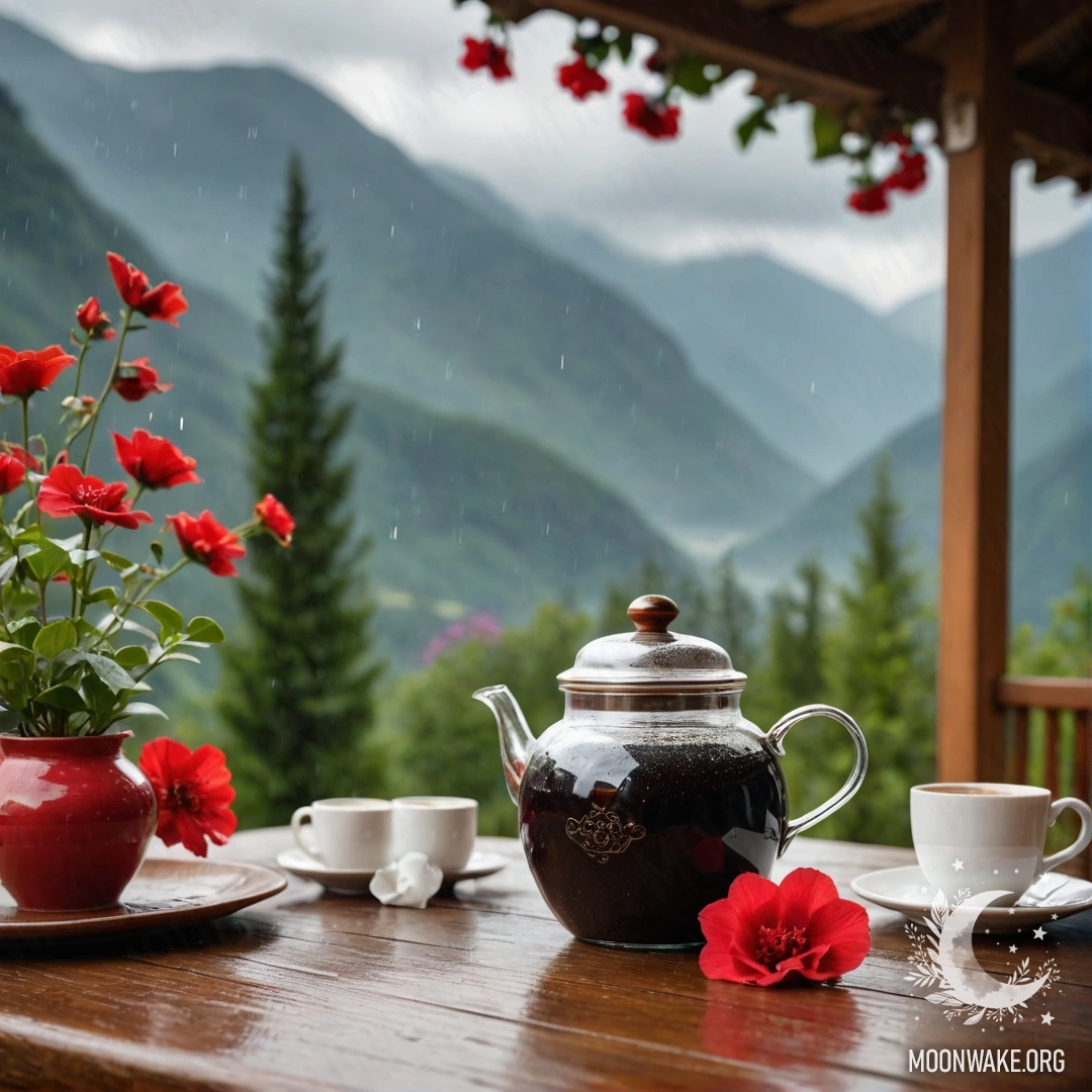 Мирный деревянный стол с банкой красных цветов, кофейником и чашками под дождем на фоне гор.