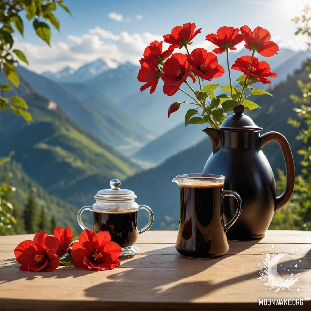 Деревянный стол с банкой красных цветов и кофейником на фоне гор, освещённый солнечными лучами.