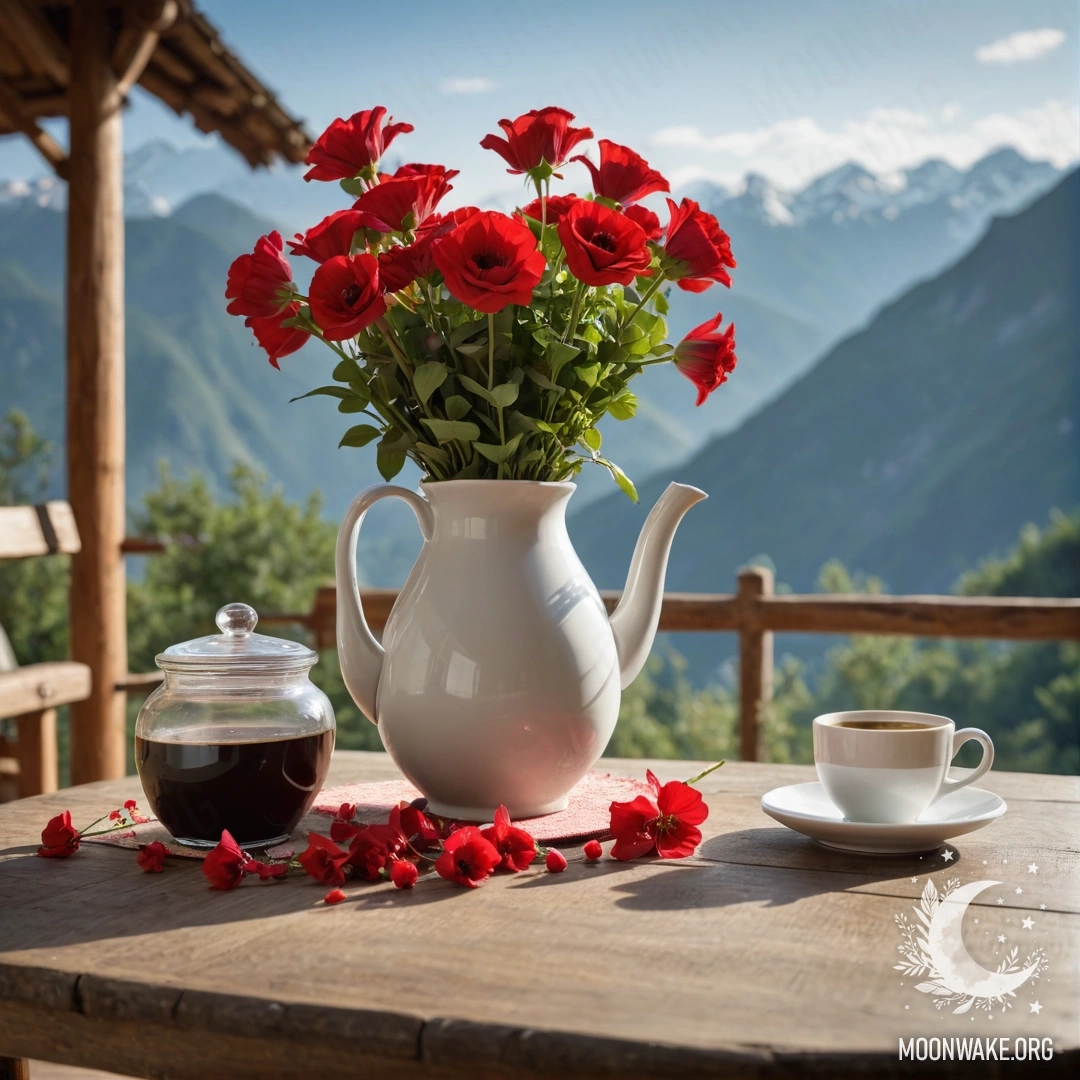 Деревянный стол на фоне гор, на котором находятся банка с красными цветами, кофейник и чашки с гирляндой света.