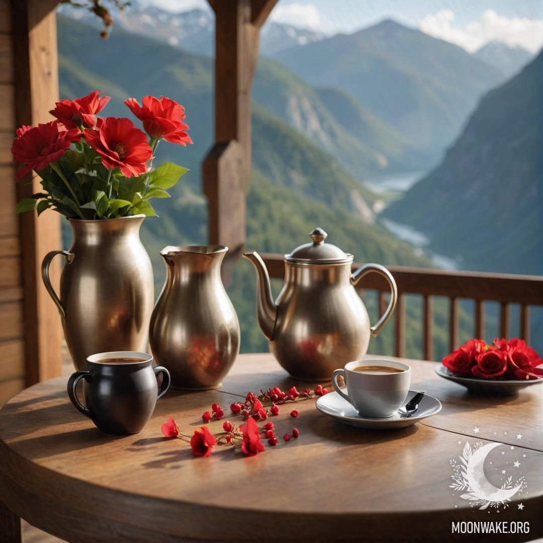 Уютный деревянный столик с красными цветами, кофейником и чашками на фоне величественных гор.