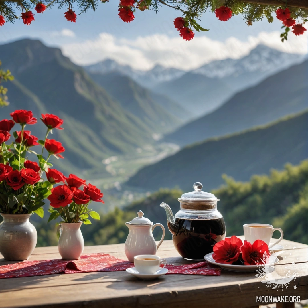 Деревянный стол с банкой красных цветов, кофейником и чашками с гирляндой на фоне гор.