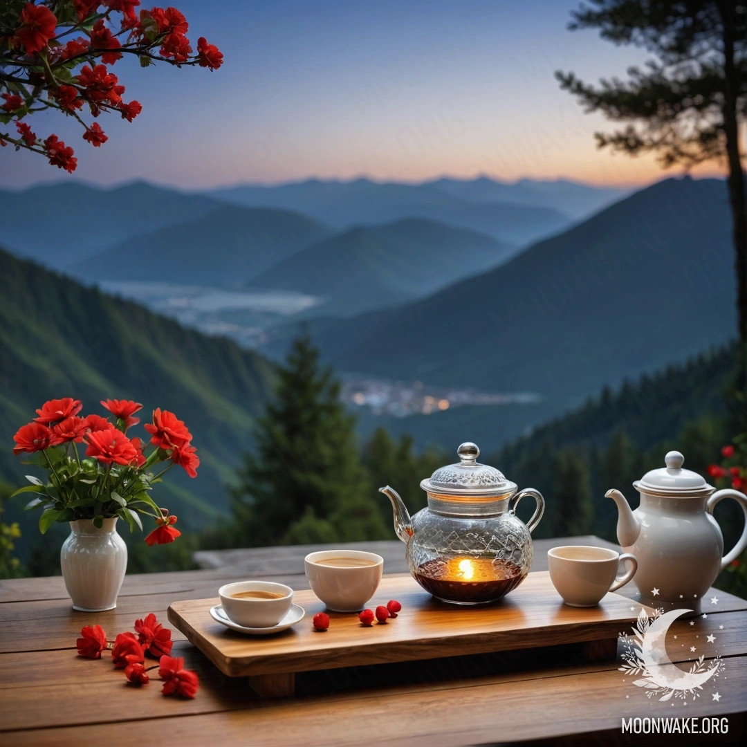 Деревянный стол на фоне гор, украшенный банкой с красными цветами, кофейником и чашками под ночным небом.