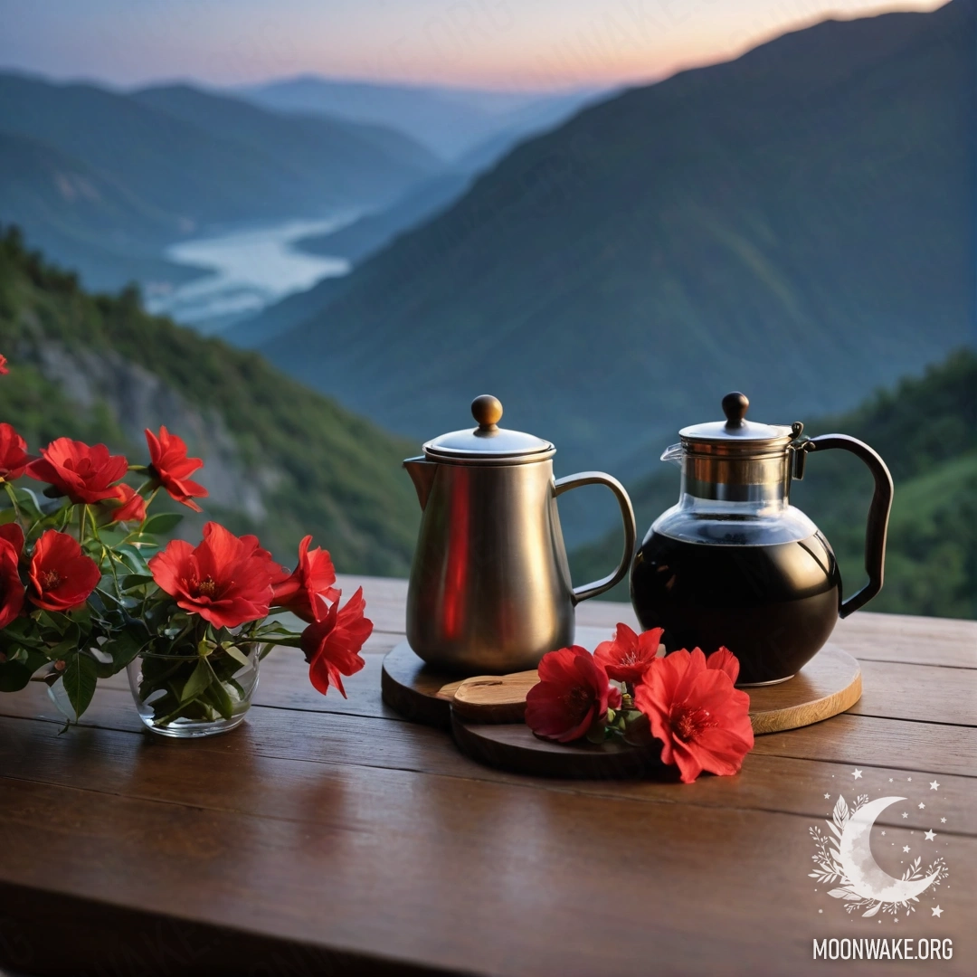 Спокойный деревянный стол с банкой красных цветов и кофейником, на фоне гор ночью.