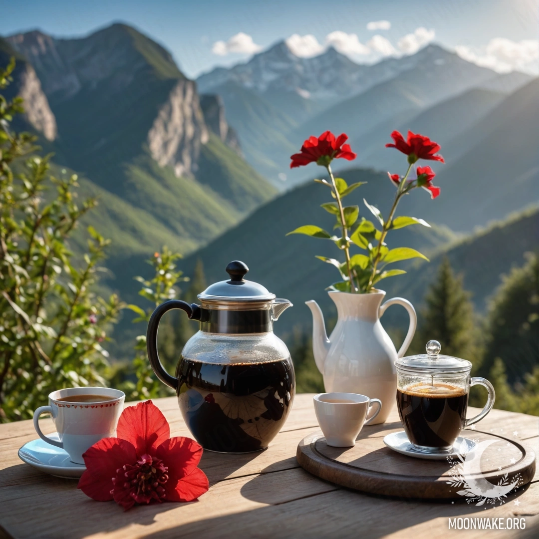 Мирный деревянный стол, украшенный банкой с красными цветами и кофейником, на фоне величественных гор, освещённый солнечными лучами.