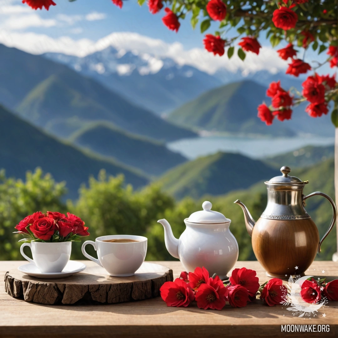 Деревянный стол с банкой красных цветов, кофейником и чашками, освещённый гирляндой на фоне гор.
