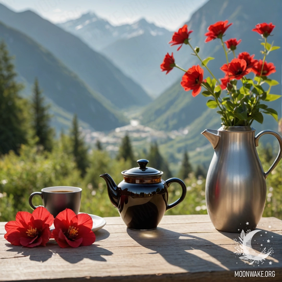 Деревянный стол на фоне величественных гор, на котором находятся банка с красными цветами и кофейник с чашками.