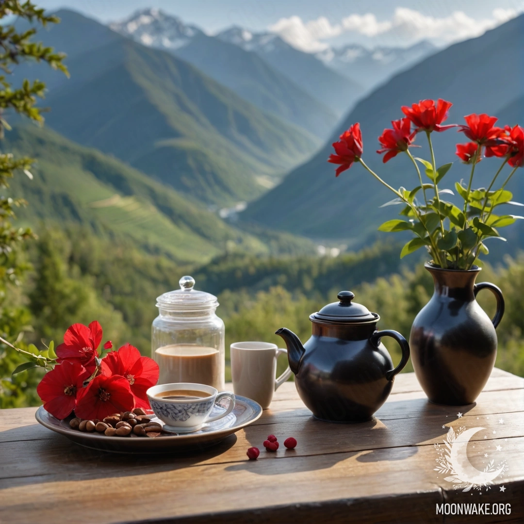 Уютный деревянный стол с красными цветами, кофейником и чашками на фоне гор.