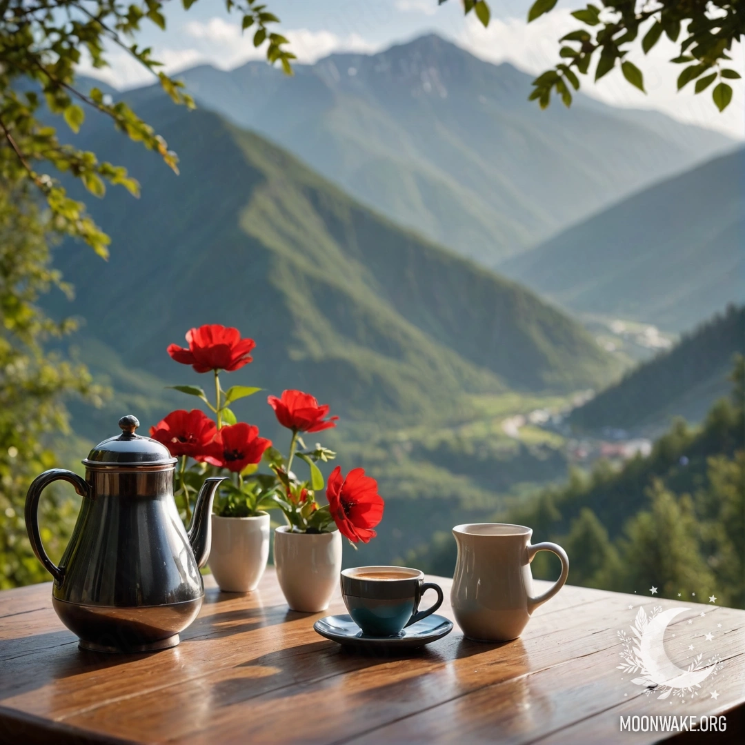 Спокойный деревянный стол с банкой красных цветов и кофейником на фоне гор, под дождем.