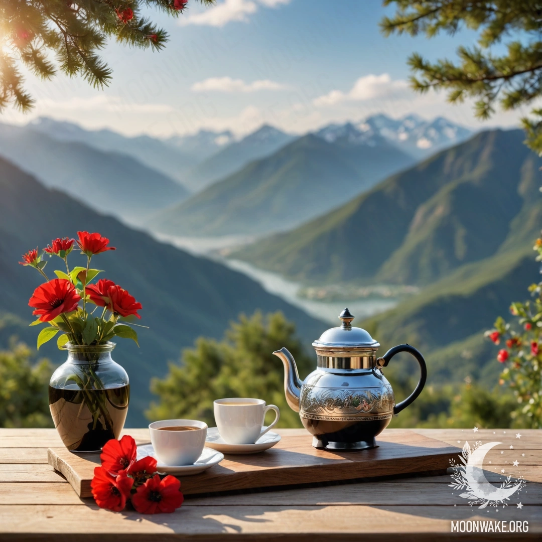 Деревянный стол на фоне величественных гор, украшенный банкой с красными цветами, кофейником и чашками, освещенными гирляндой.
