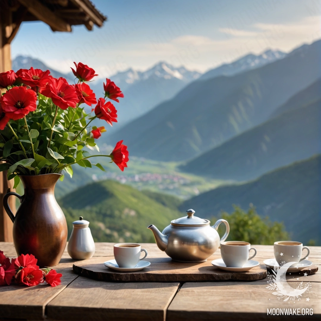Спокойный деревянный стол с банкой красных цветов, кофейником и чашками, светящимися гирляндой, на фоне величественных гор.