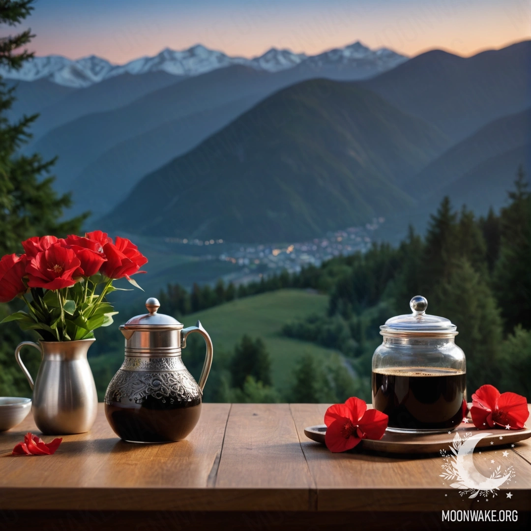 Деревянный стол с банкой красных цветов и кофейным набором на фоне гор ночью.