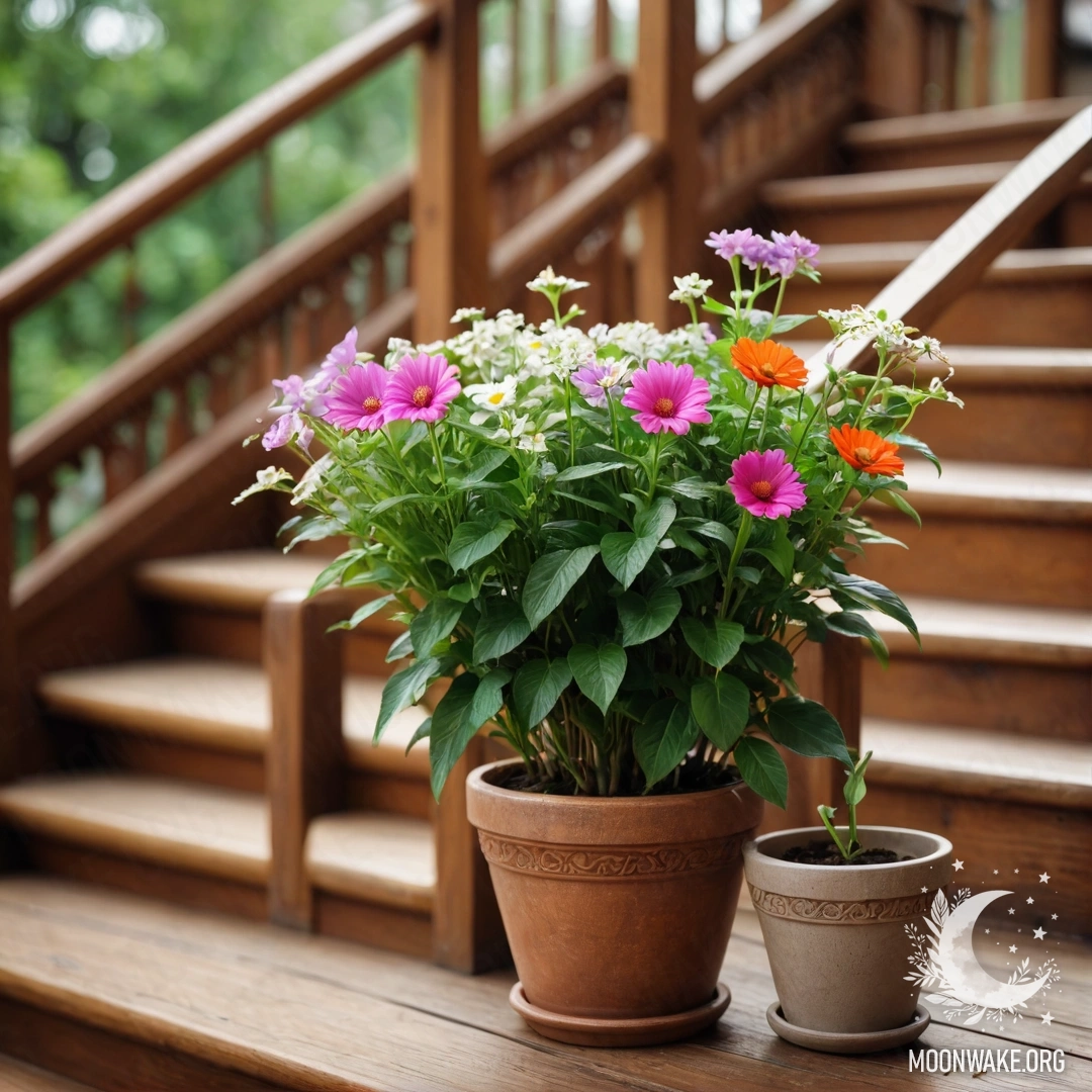 Уютный деревянный стол с банкой красных цветов, кофейником и чашками под дождем на фоне гор.