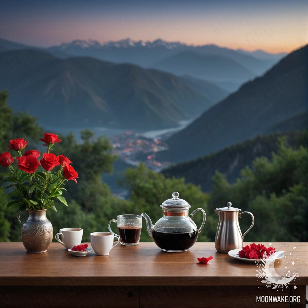 Мирный деревянный столик на фоне гор ночью с вазой красных цветов, кофейником и чашками.