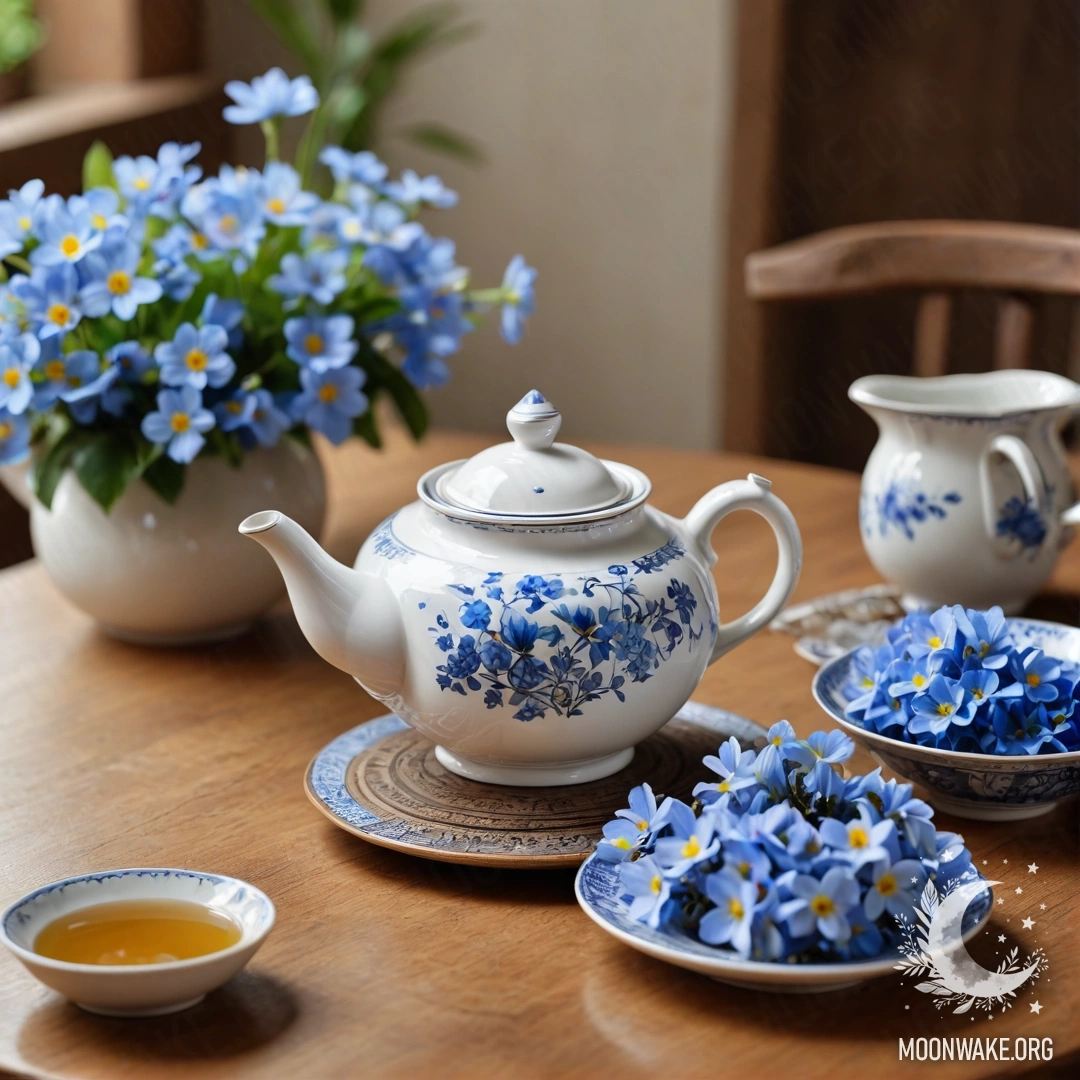 Круглый деревянный стол, на котором стоит фарфоровый чайник с синими цветами.