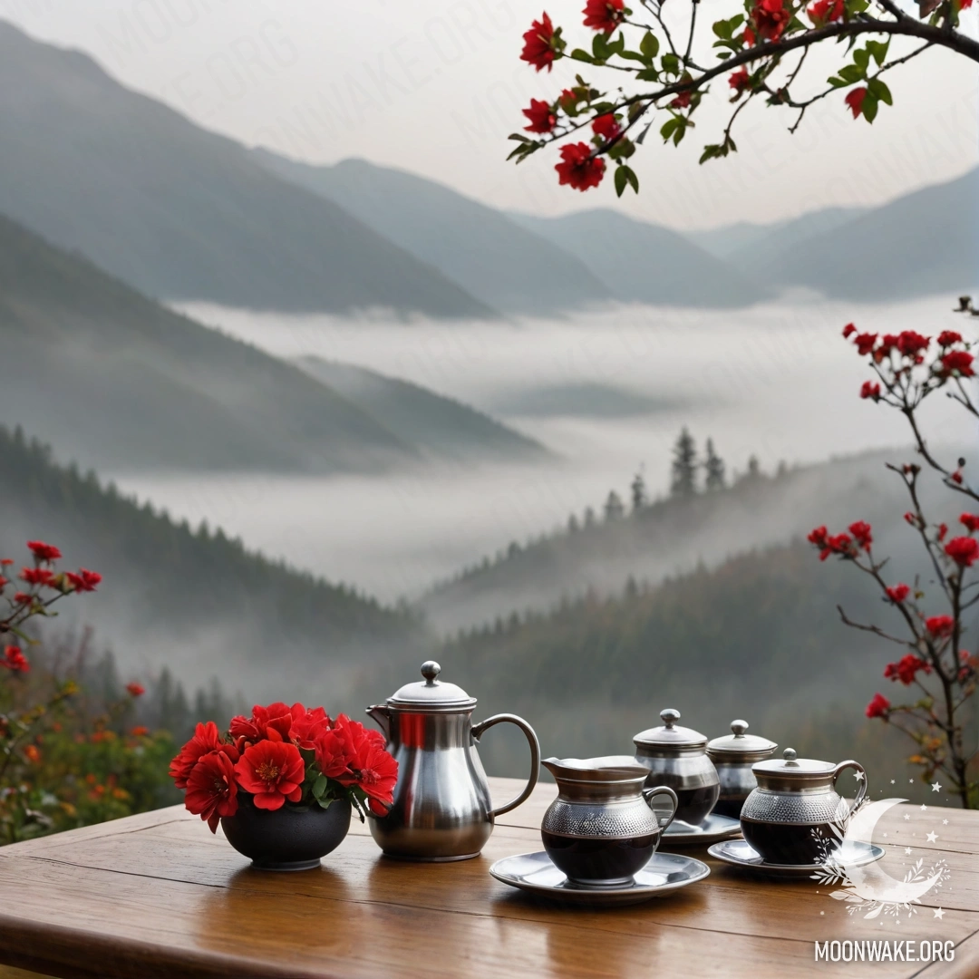 Деревянный стол с красными цветами и кофейником, окруженный туманными горами.