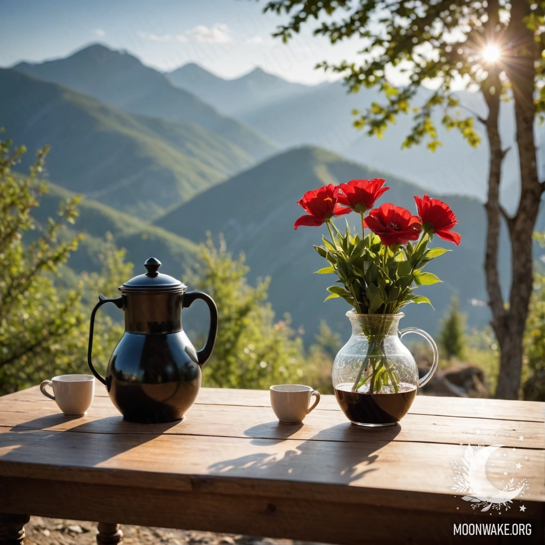 Спокойный деревянный стол с красными цветами, кофейник и чашки на фоне гор с солнечными лучами.