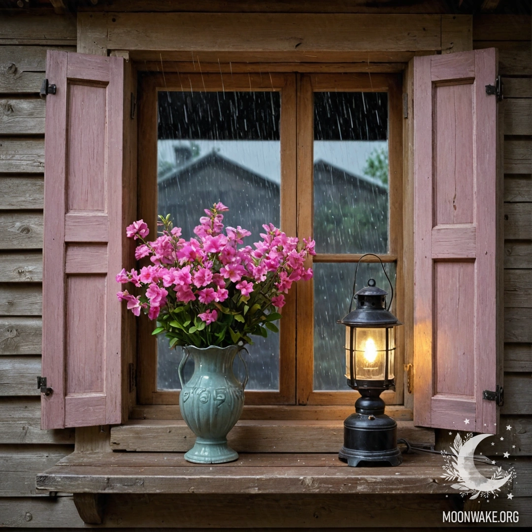 Старое деревянное окно, украшенное розовыми цветами, дождь падает, а над ним висит керосиновая лампа.