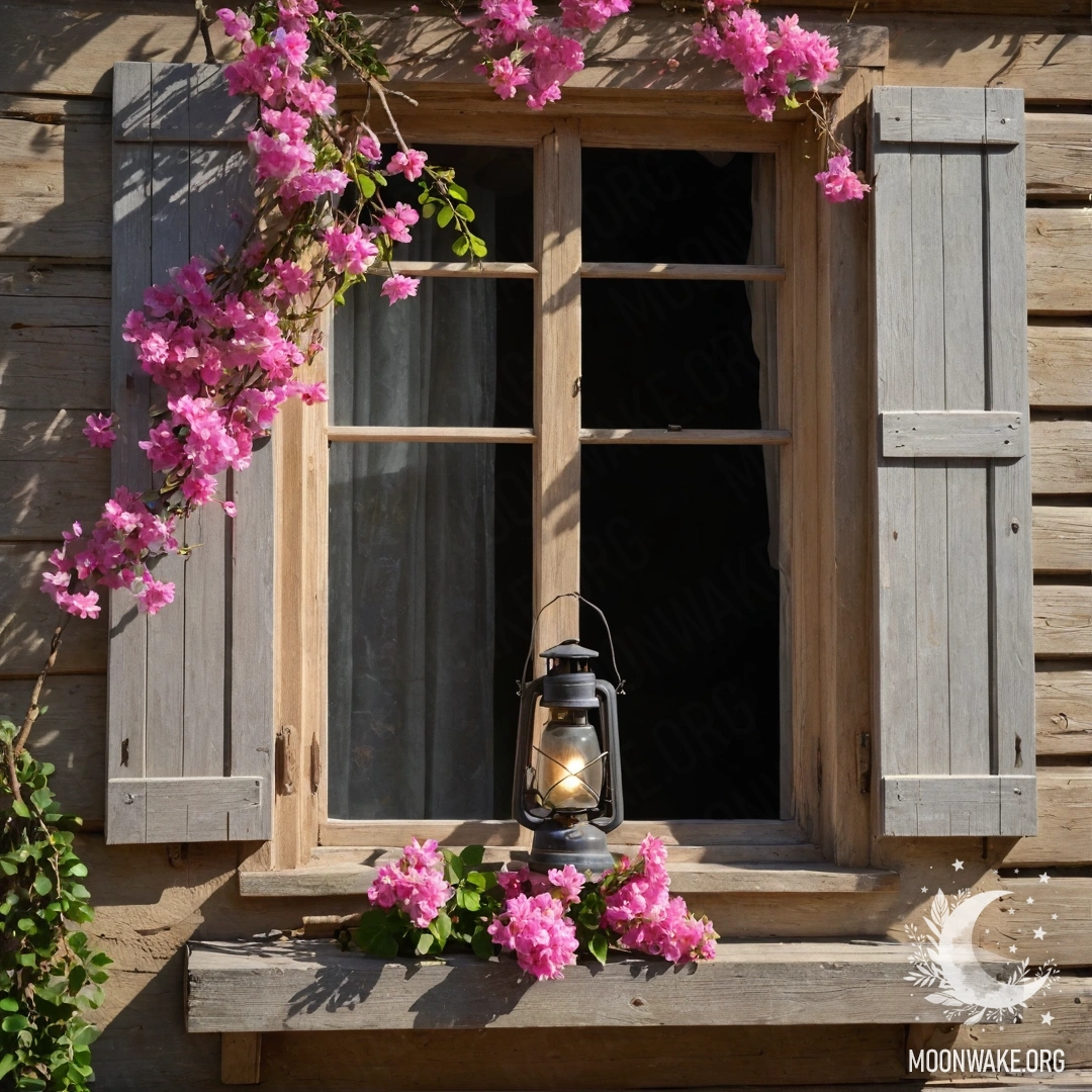 Старое деревянное окно с расшатанными ставнями и розовыми цветами, освещенное солнечными лучами и керосиновой лампой.