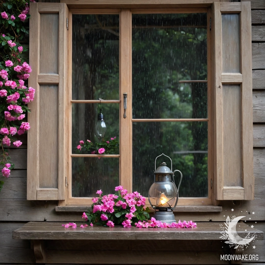 Старое деревянное окно с занавесками, керосиновая лампа и розовые цветы под дождем.