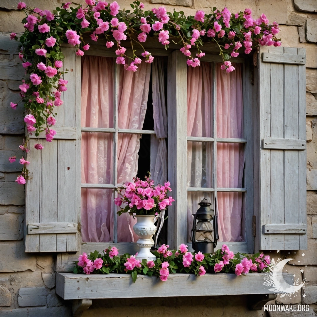 Старинное деревянное окно, украшенное розовыми цветами и гирляндами света.