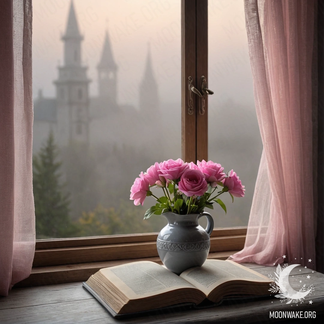 Деревянный подоконник с старой потертой книгой и серой вазой с розовыми цветами, окутанный розовой занавеской и густым туманом.