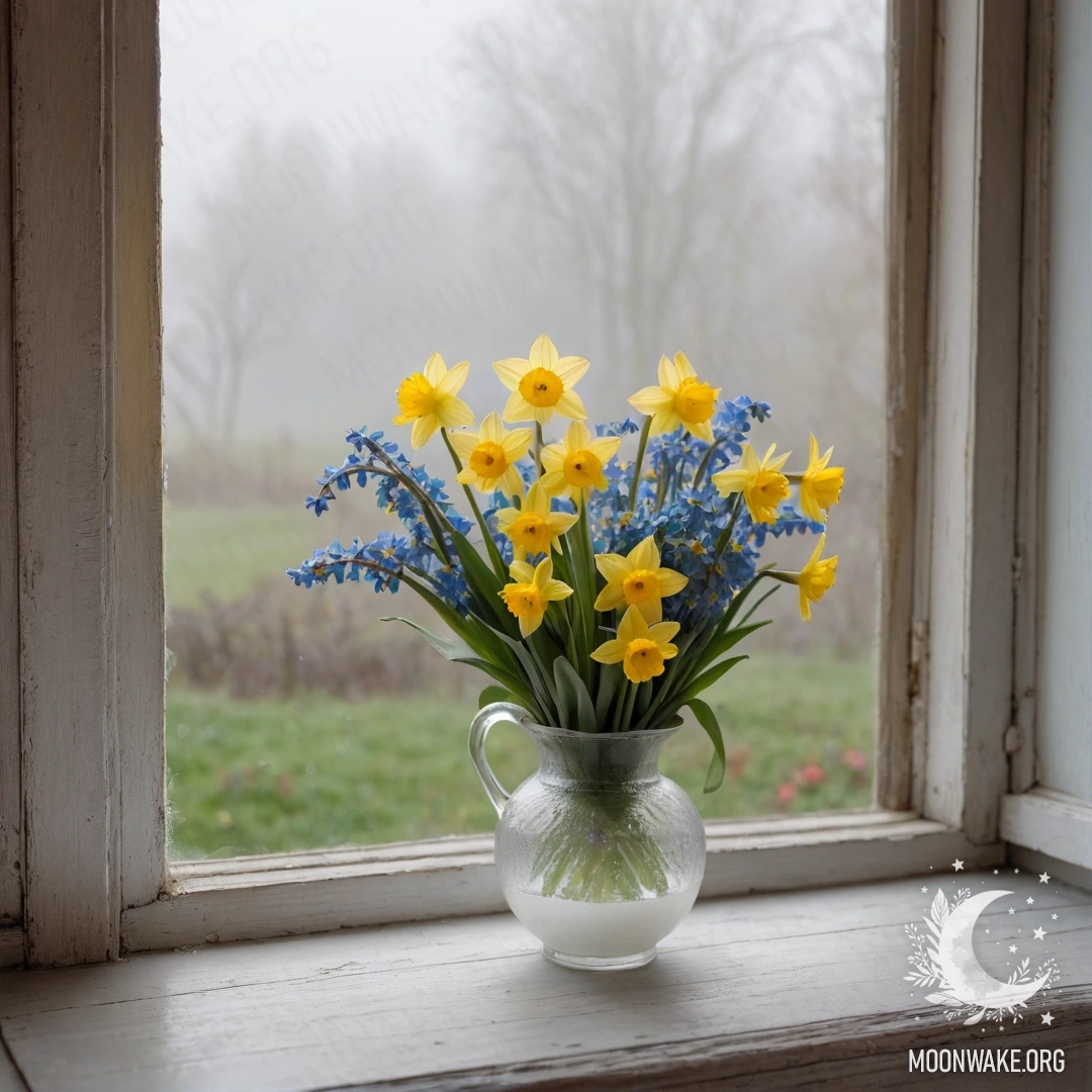 Старый потрепанный деревянный подоконник с белым фарфоровым вазой, содержащим нарциссы и незабудки в густом тумане.