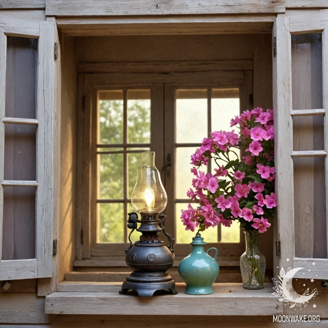 Старое деревянное окно с ставнями, окруженное розовыми цветами и подвешенной над ним керосиновой лампой, залитое солнечными лучами.