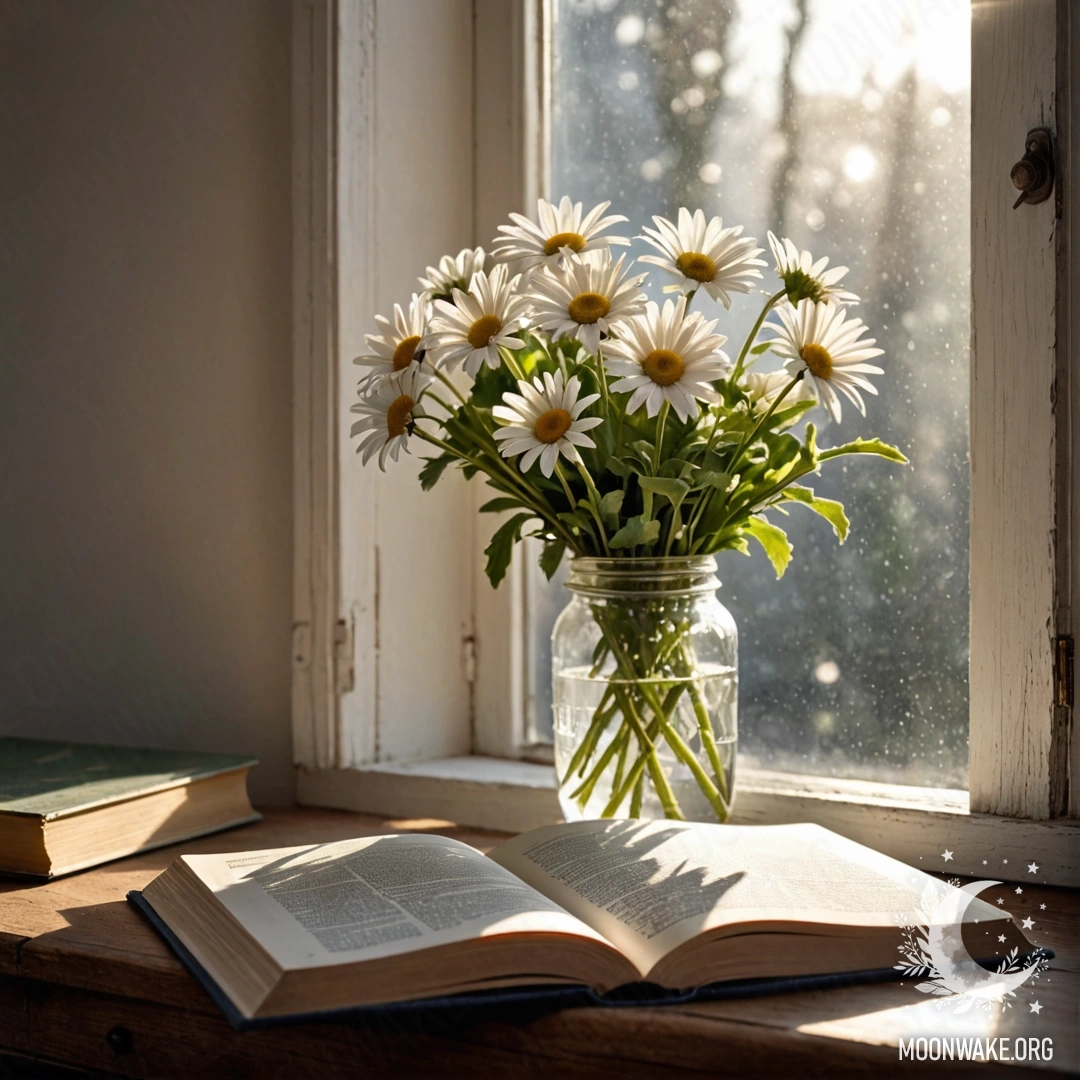 Старый деревянный подоконник, украшенный банкой с ромашками и открытой книгой, освещённый солнечными лучами.