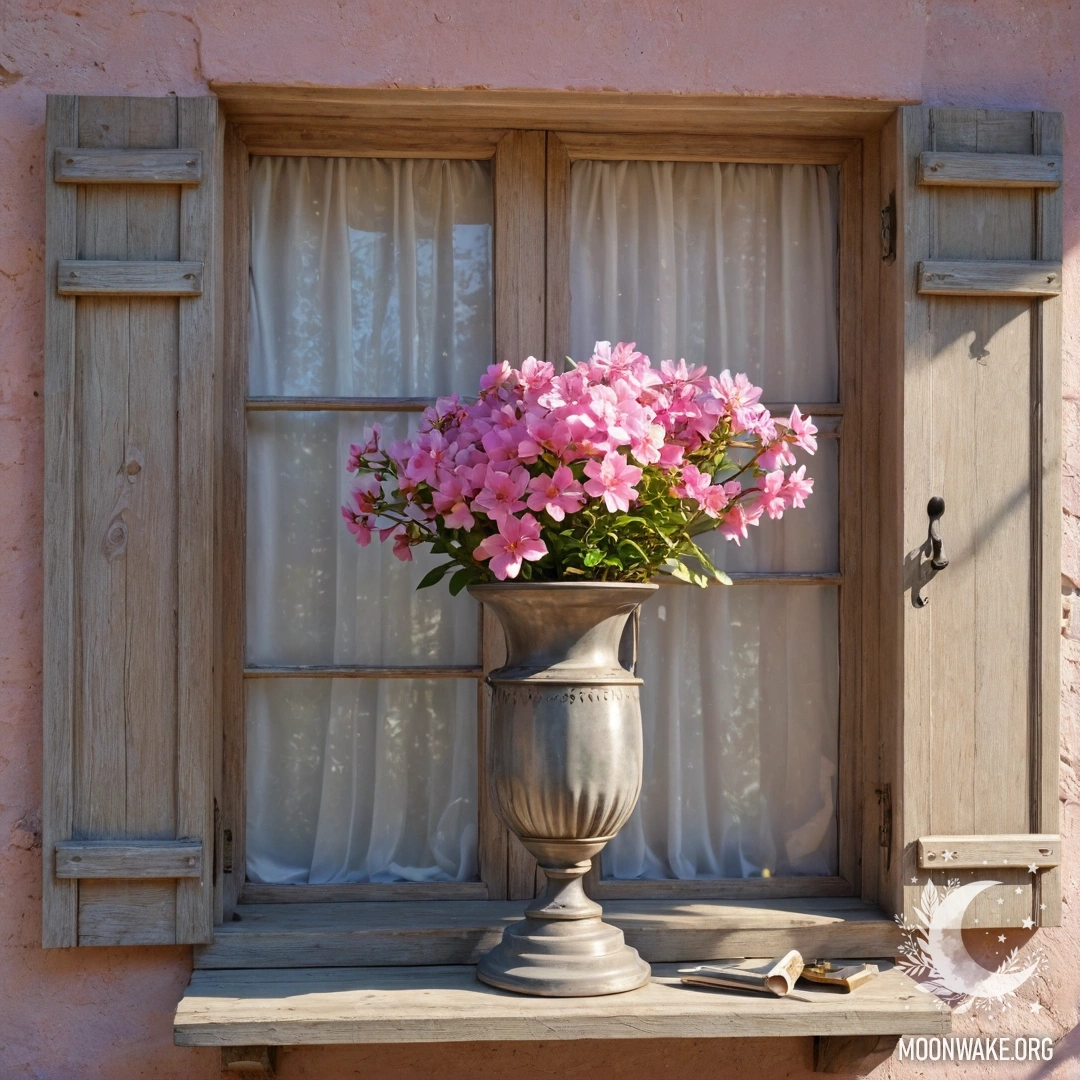 Потертый деревянный подоконник с банкой ромашек и открытой книгой, окруженный густым туманом.