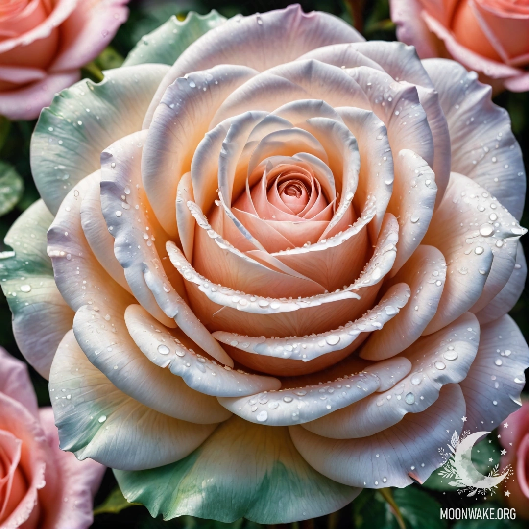 Нежная роза с лепестками, напоминающими перламутр, мягко сверкающая.