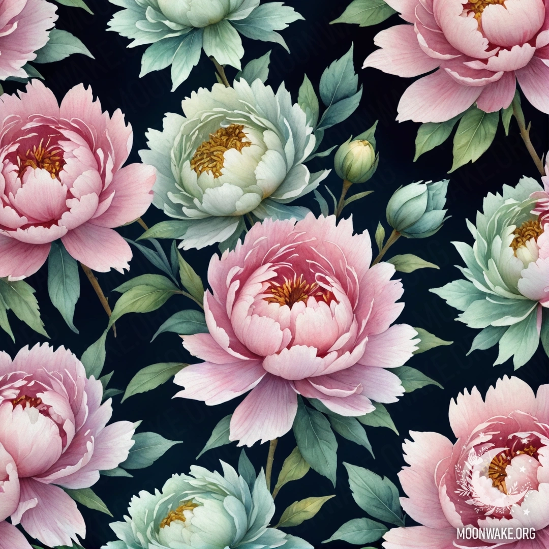 Акварельная живопись красивого пиона мятного цвета, изображенного ночью.