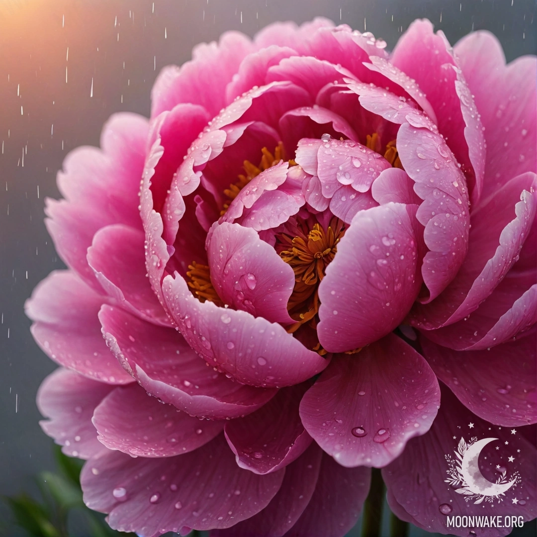 Пион фуксии, промокший под дождем на закате, искрится блеском.