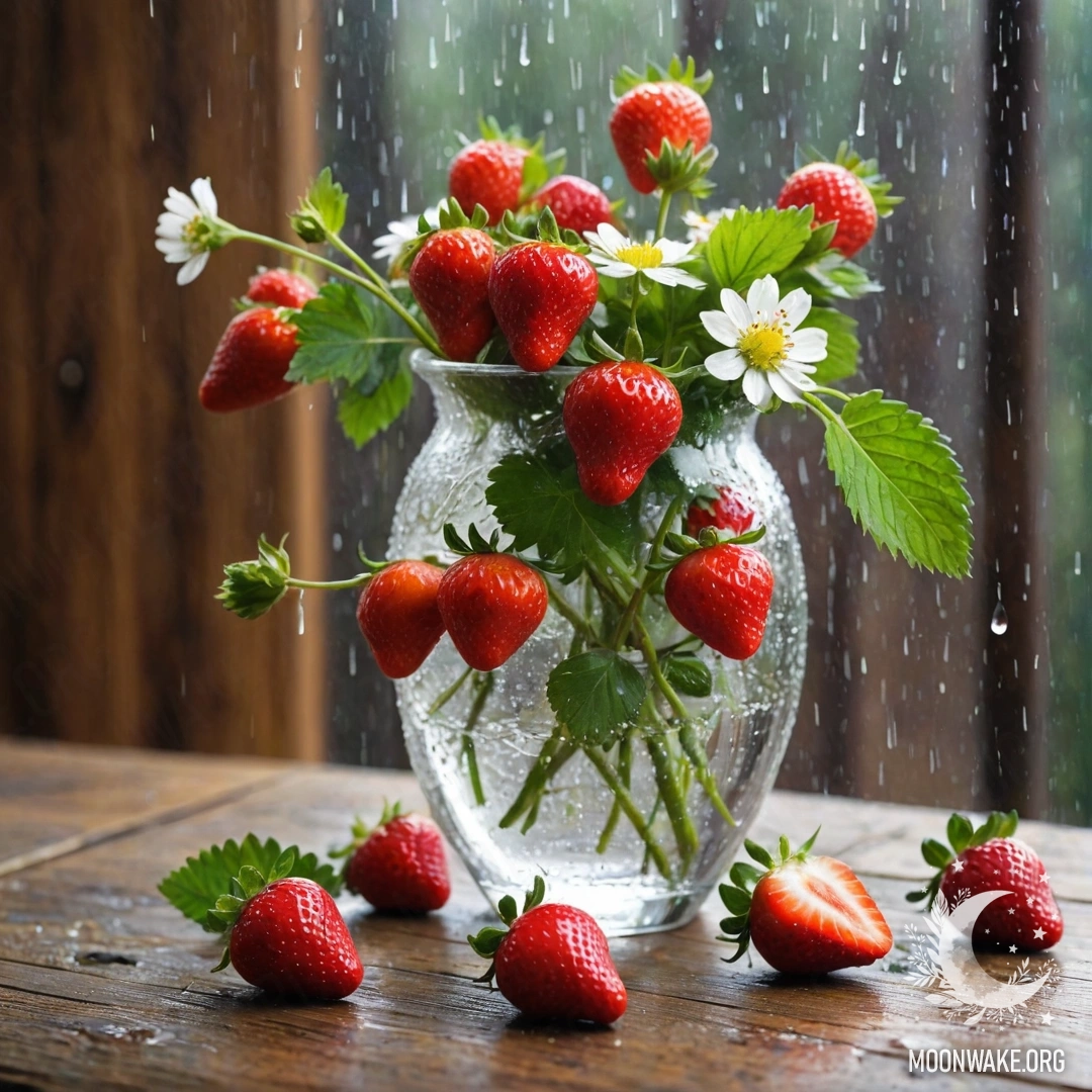 Стеклянная ваза на фоне деревянной стены, наполненная клубникой и цветами под дождём.