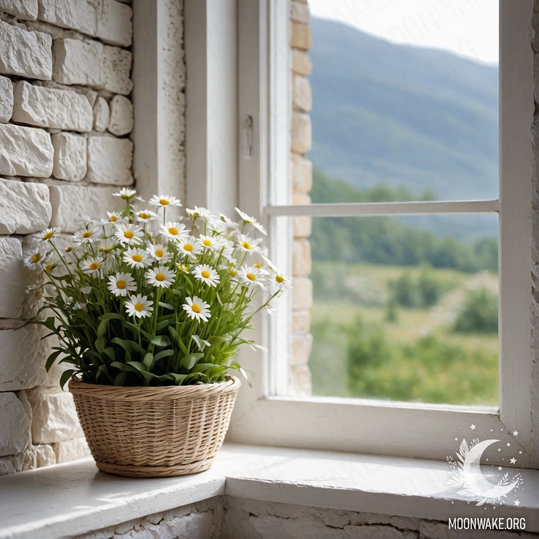 Фотографическое изображение открытого окна с корзиной ромашек на подоконнике на фоне белой каменной стены.