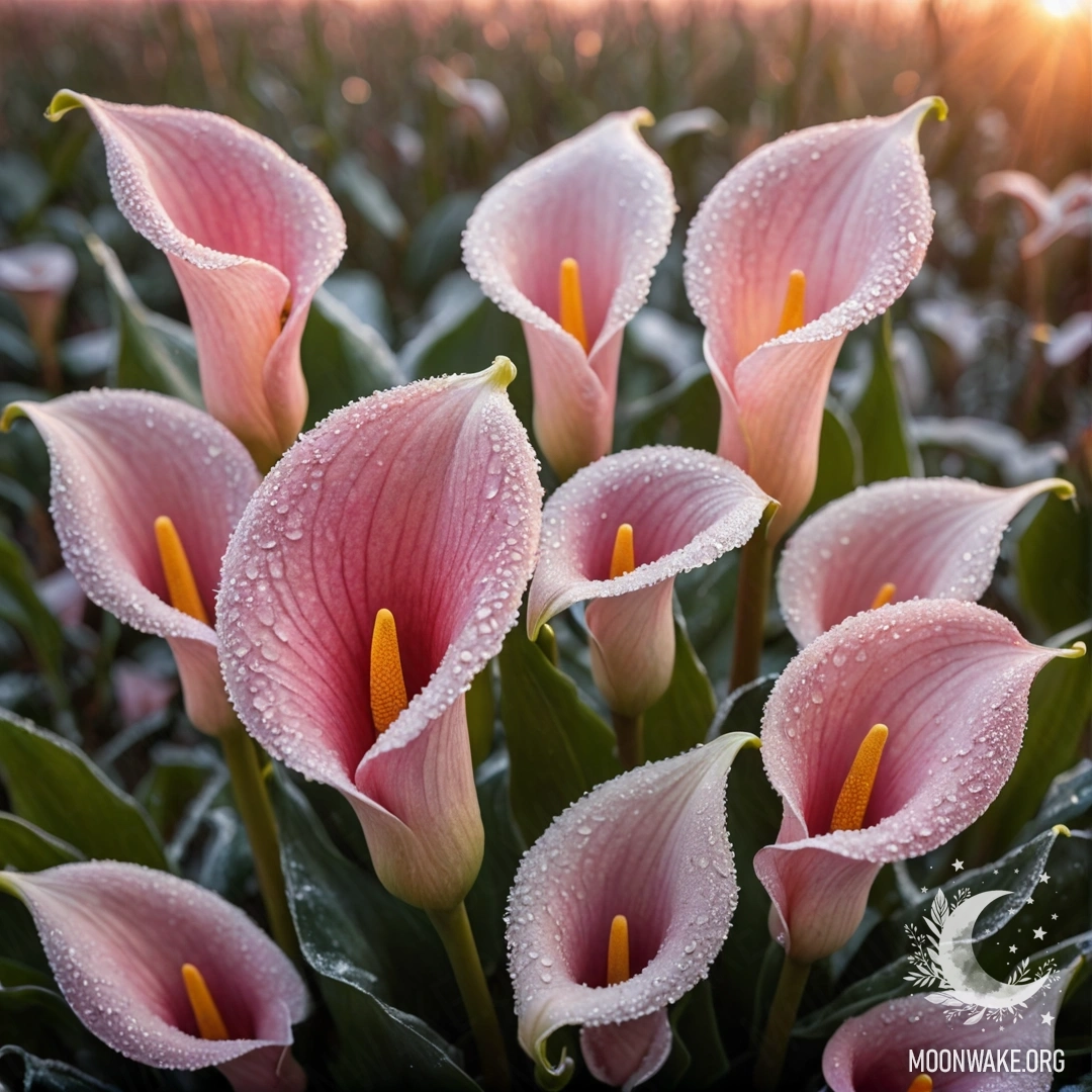 Букет розовых лилий, покрытых льдом, на фоне заката.