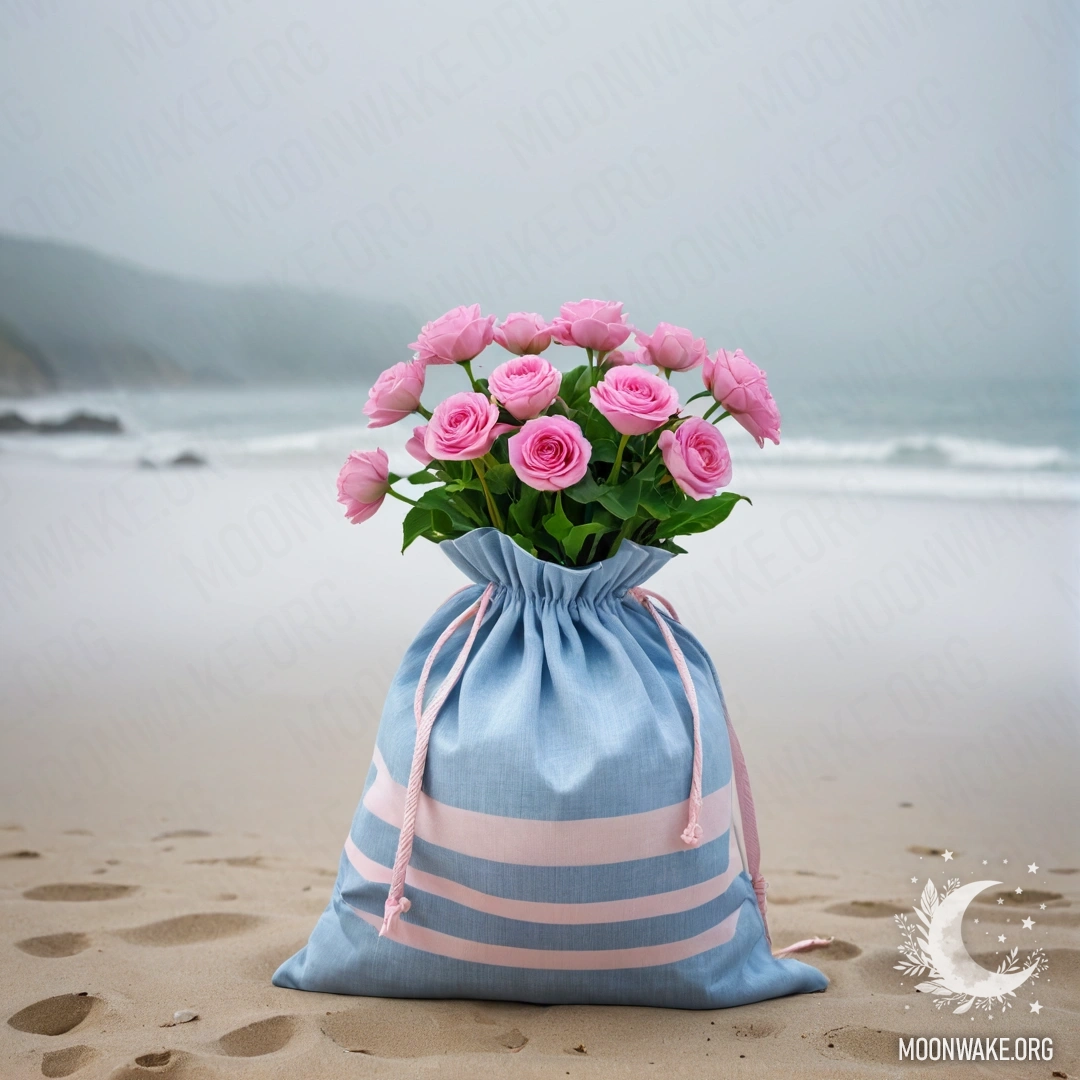 Белая и синяя полосатая сумка, наполненная розовыми цветами на пляже.