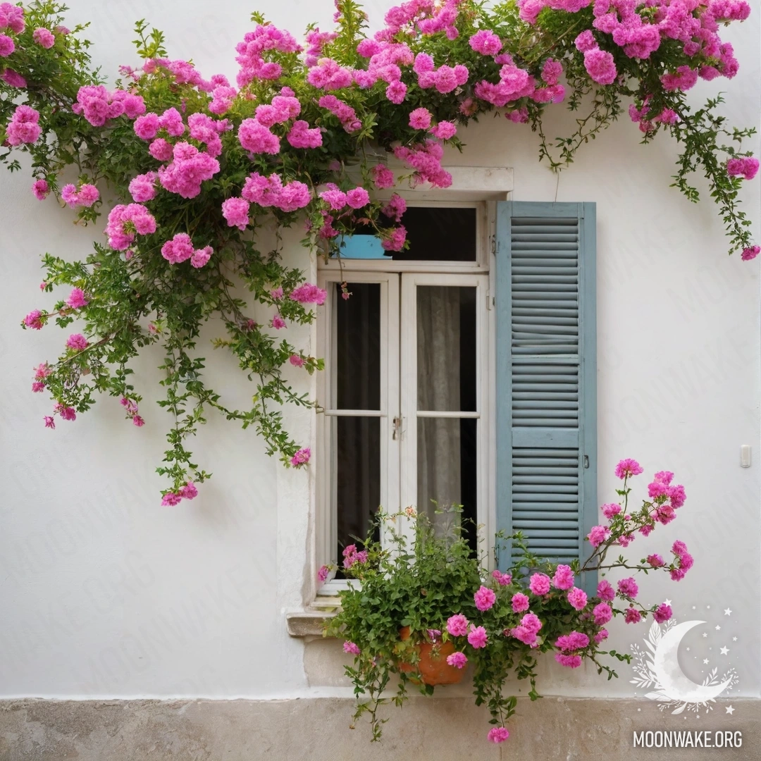 Ветвь нежных розовых цветов на фоне белой стены с окнами и ставнями.