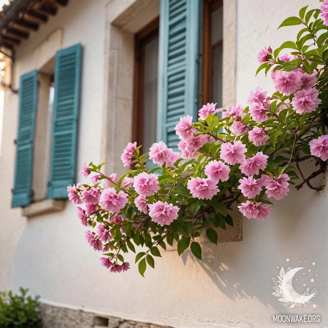 Ветка с нежными розовыми цветами на фоне белой стены итальянского дома с окнами и ставнями.