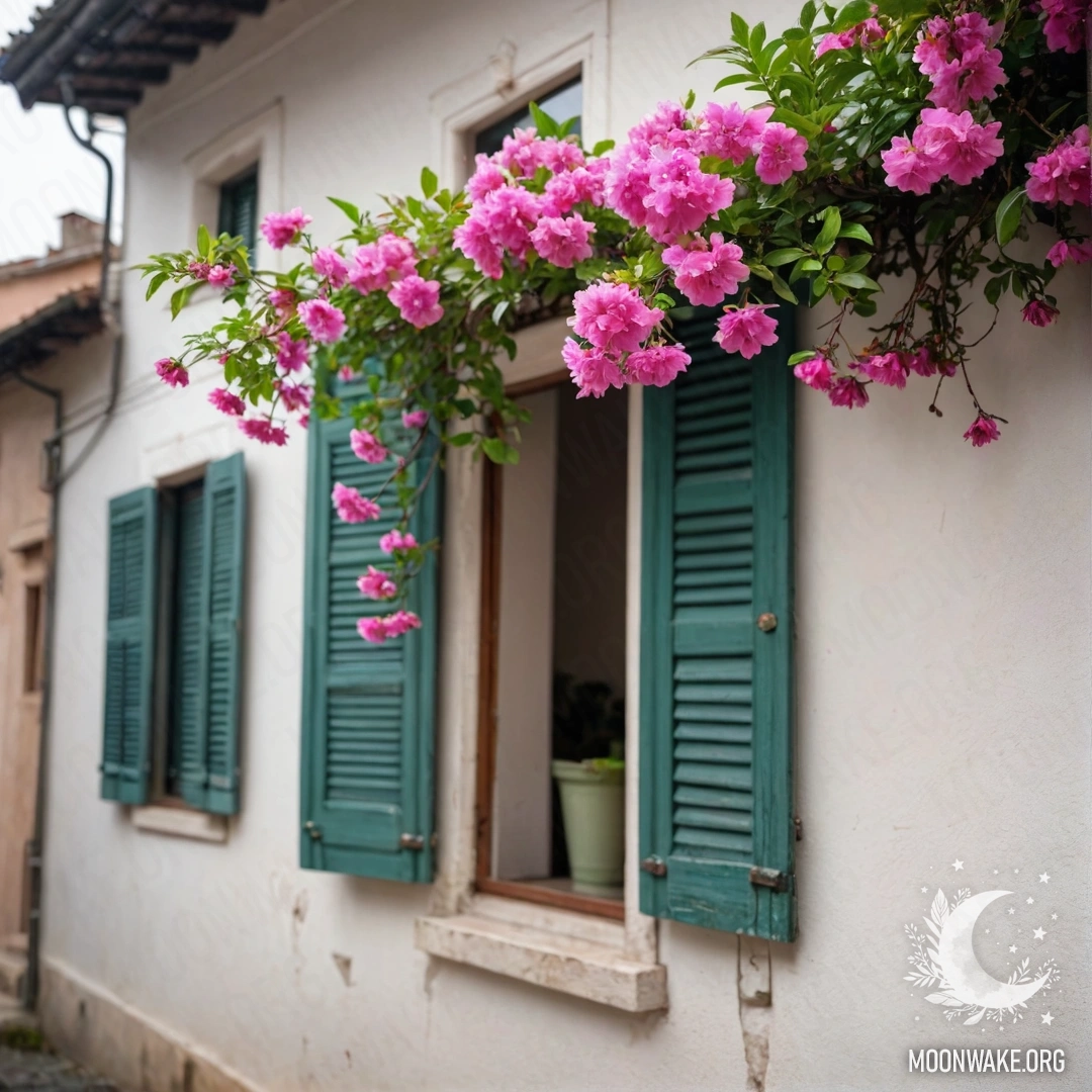 Ветка с нежными розовыми цветами на фоне белой стены с окнами и ставнями, размытой под дождем.