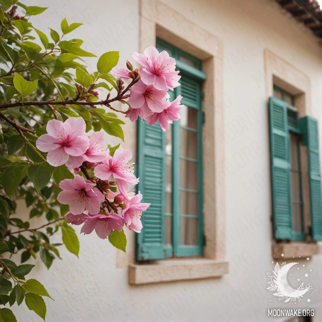 Спокойная ветка с нежными розовыми цветами на фоне белой стены итальянского дома с окнами и ставнями, окутанная боке заката.