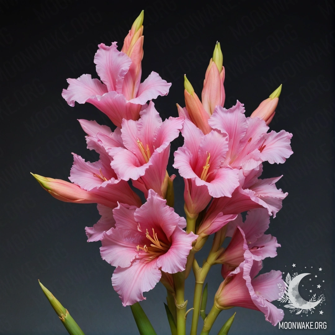 Букет розовых гладиолусов на фоне ночного неба.