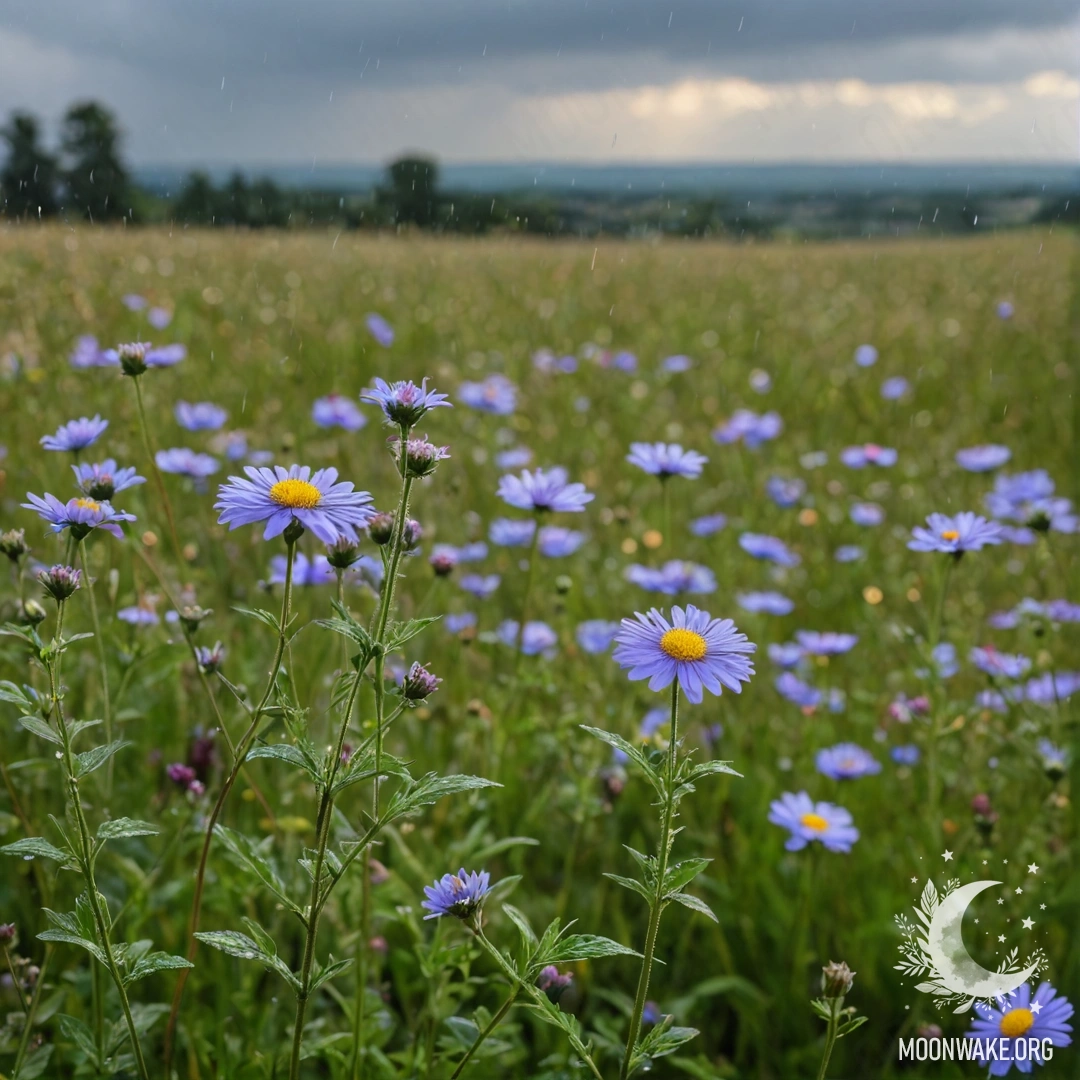 Крупный план красивых полевых цветов с каплями дождя на фоне боке неба.
