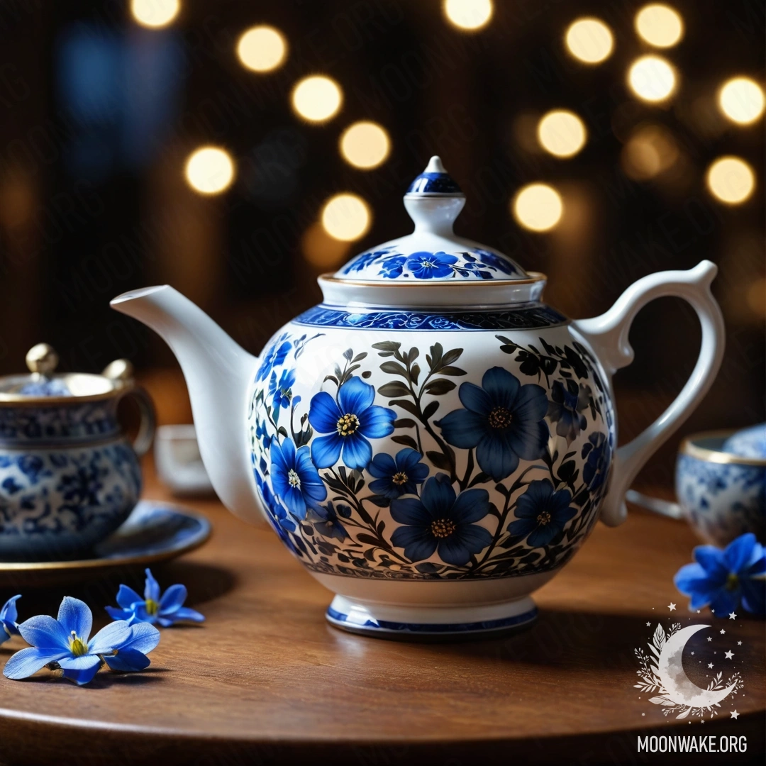 Круглый деревянный стол с фарфоровым чайником, содержащим синие цветы ночью.