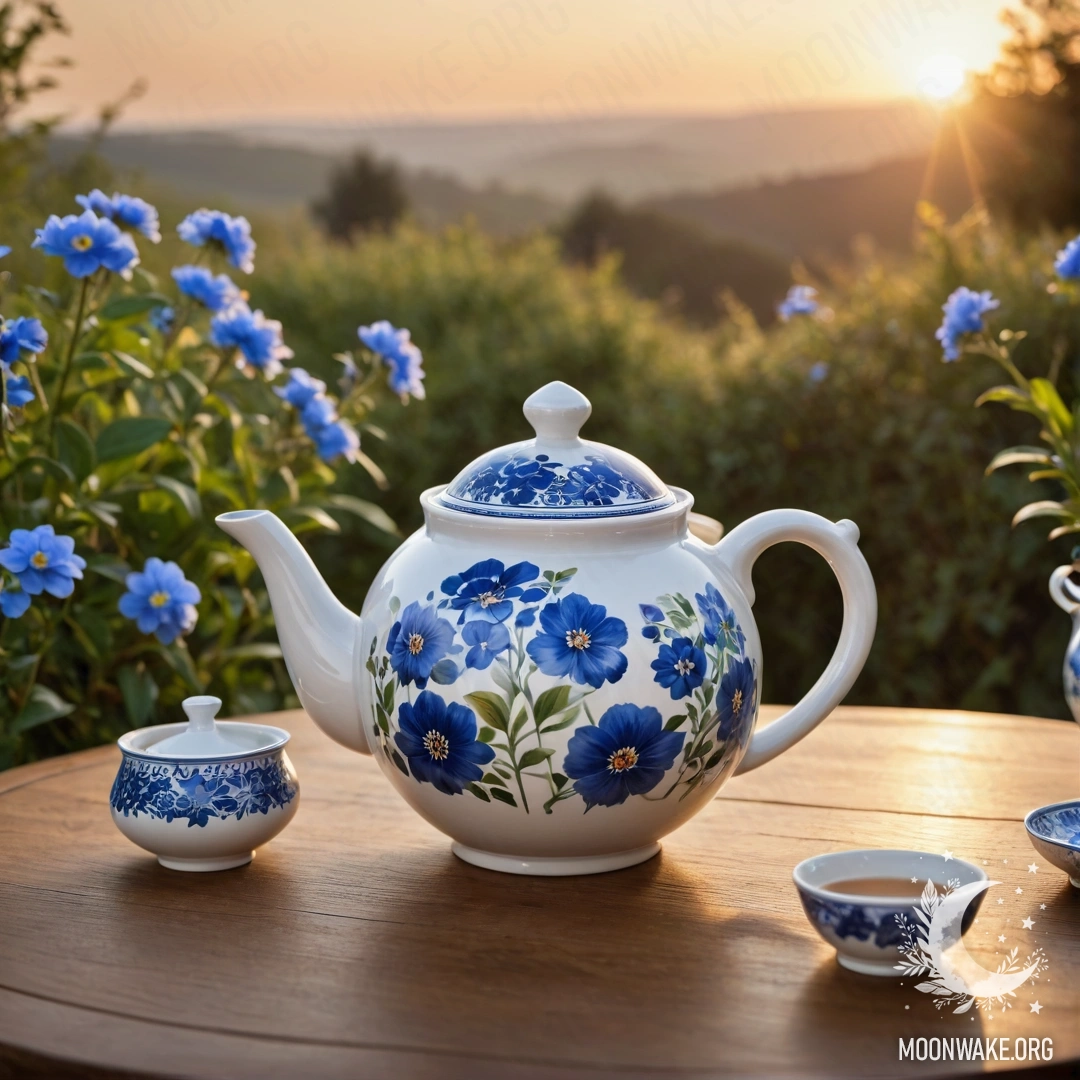 Круглый деревянный стол с фарфоровым чайником, украшенным голубыми цветами, на фоне заката.