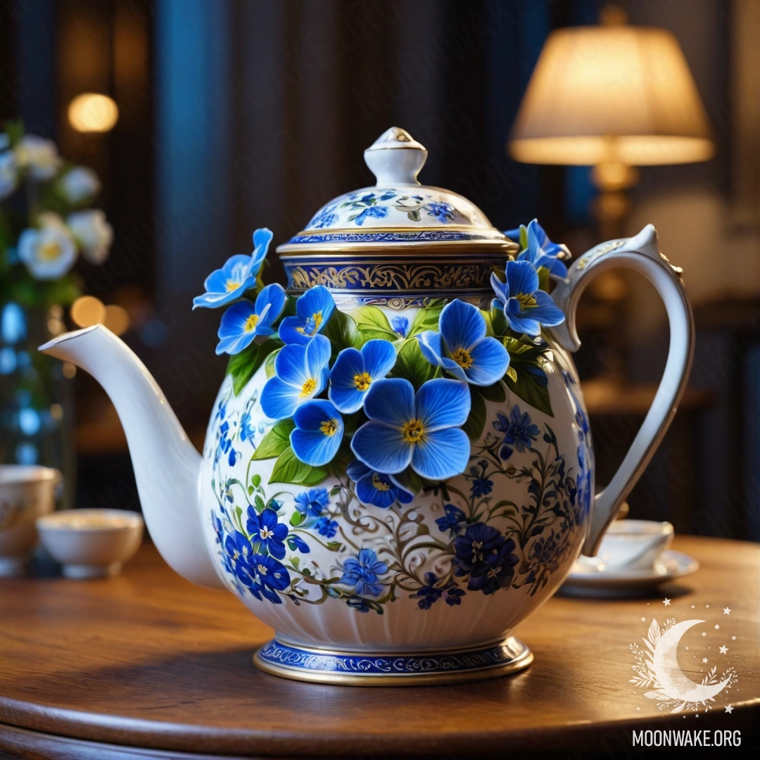 Круглый деревянный стол с фарфоровым чайником, наполненным голубыми цветами, ночью.