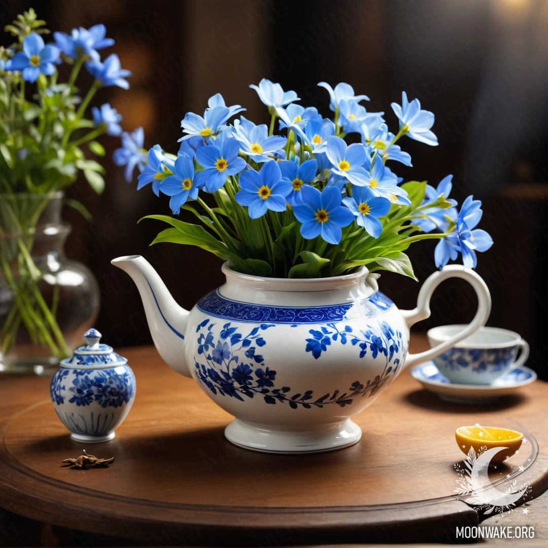 Круглый деревянный стол, украшенный фарфоровым чайником с синими цветами под ночным небом.