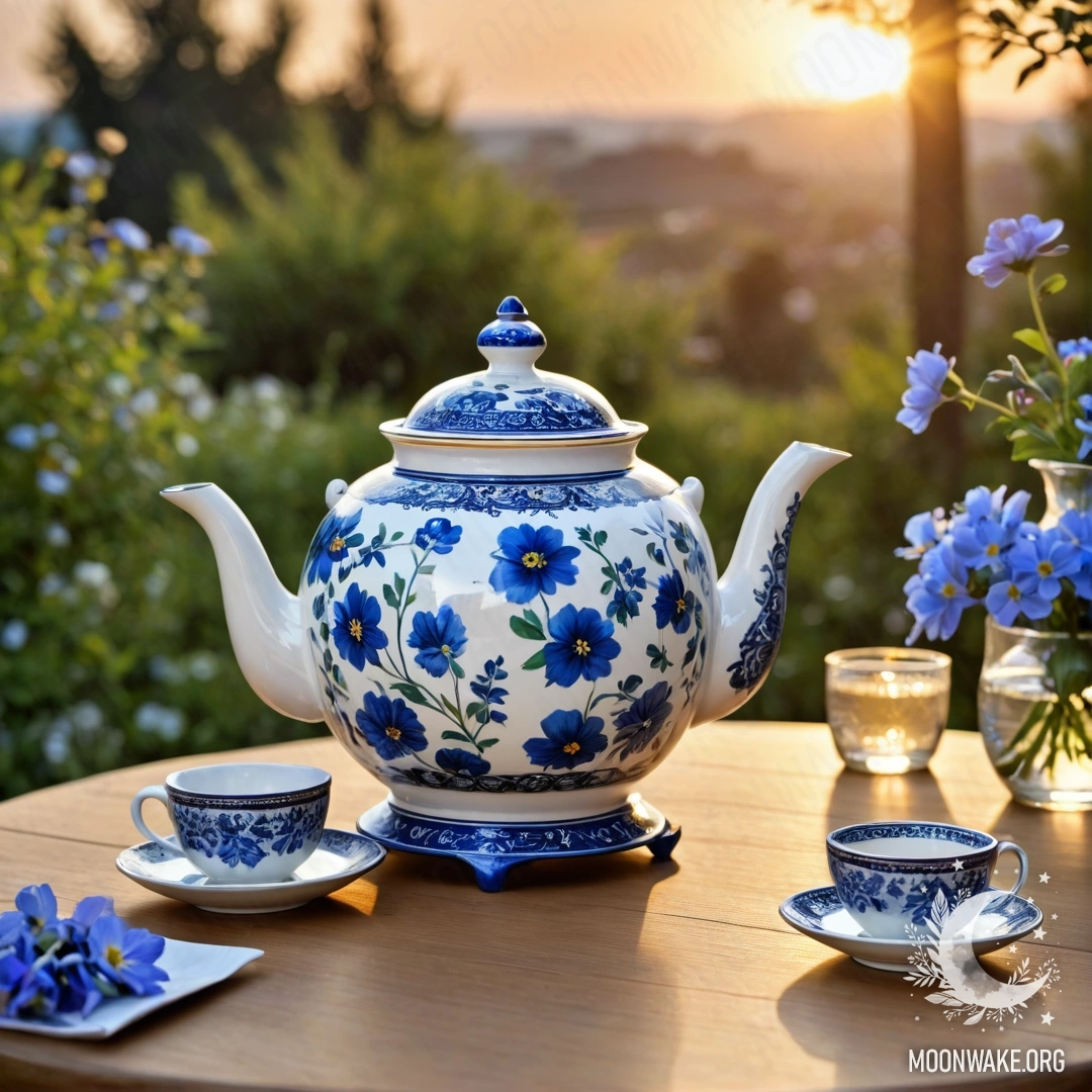 Круглый деревянный стол с фарфоровым чайником, в котором синее цветы, на фоне заката.