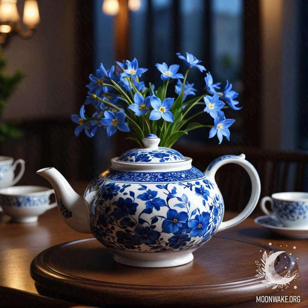 Деревянный стол с фарфоровым чайником, наполненным голубыми цветами под ночным небом.