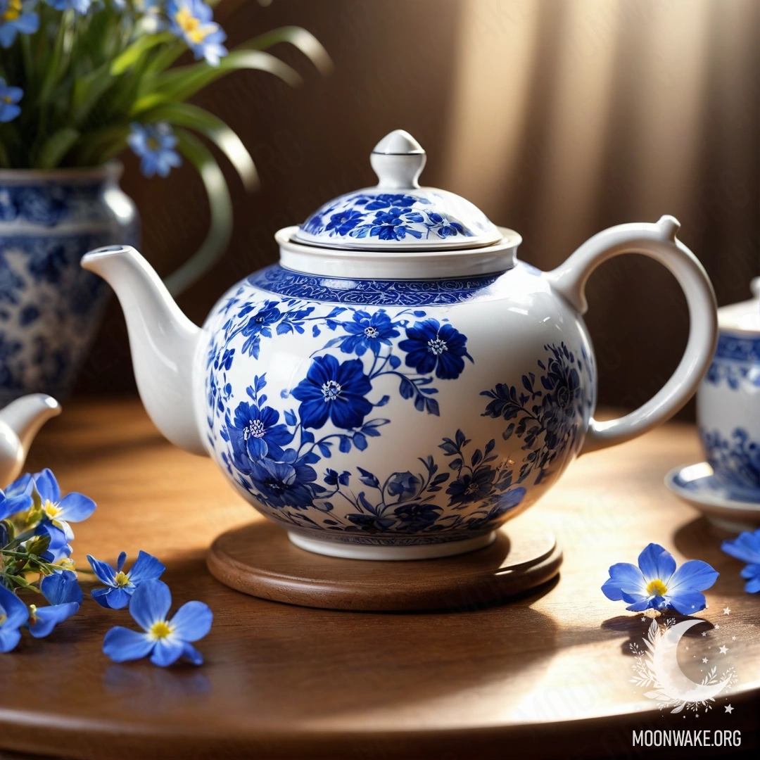 Круглый деревянный стол с фарфоровым чайником, полной голубыми цветами, освещённый мягкими солнечными лучами.